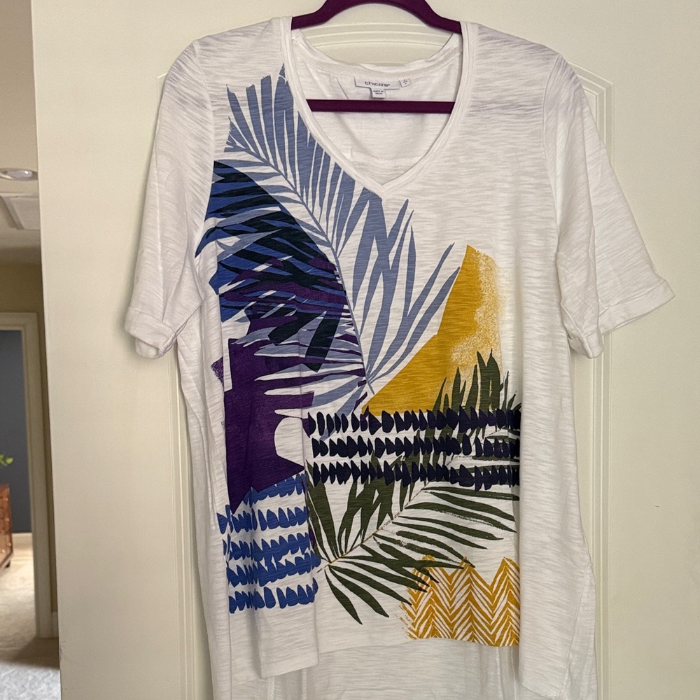 Chico’s White V-Neck Tee with Tropical Palm Print